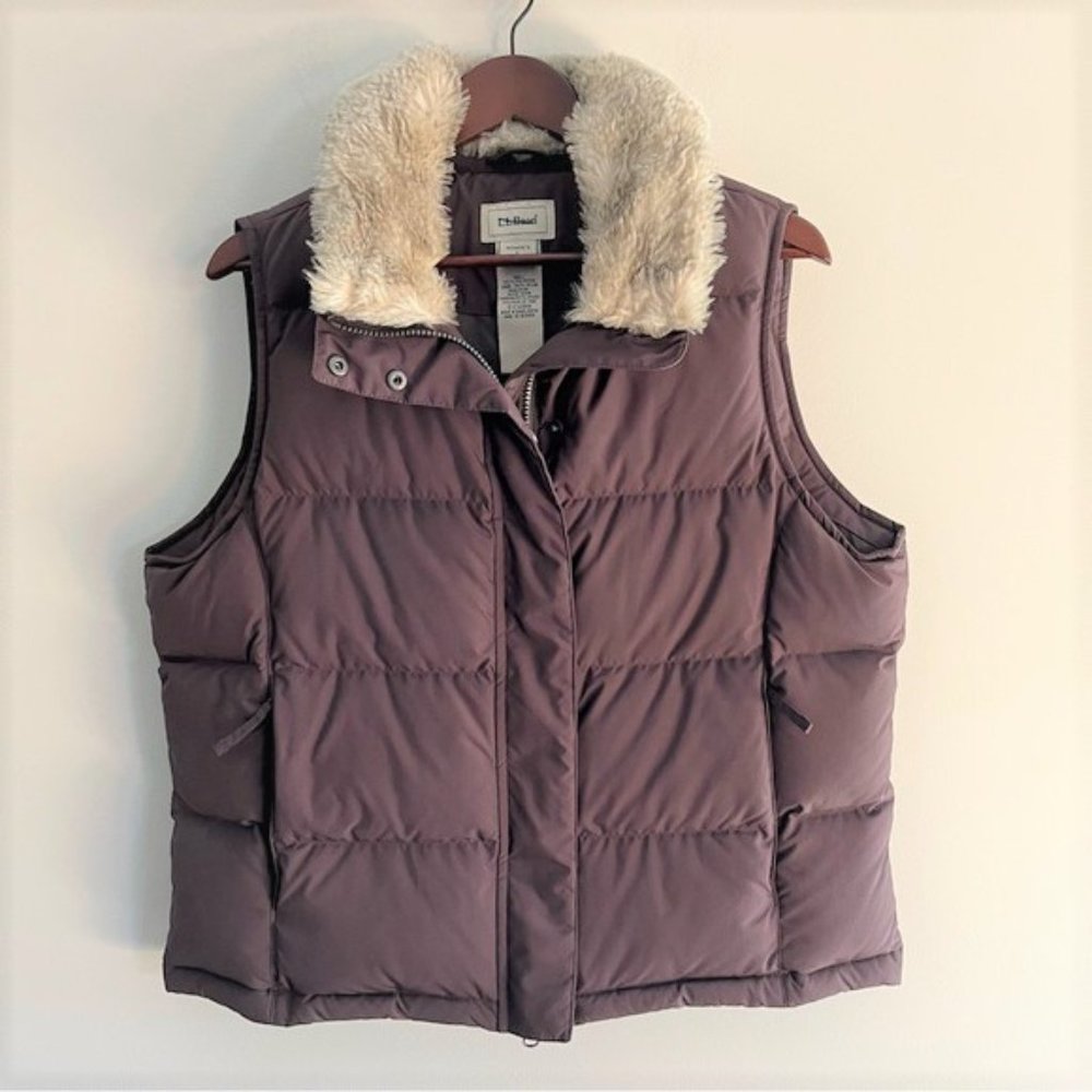 L.L. Bean Goose Down Filled Puffer Vest Removable Faux Fur Collar Size L